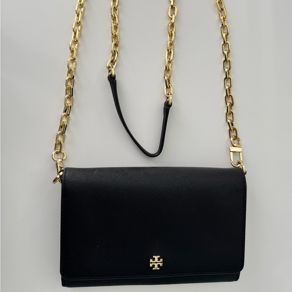 Tory Burch Black Wallet on Chain with Gold Hardware